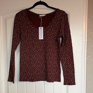 Neuflora Mallory Pointelle long sleeve top brown with White Floral NWT small